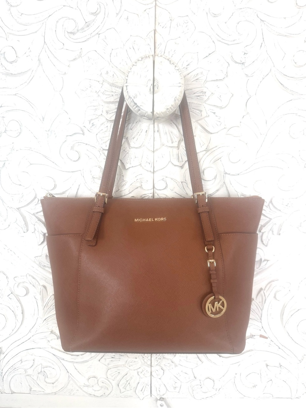 Michael Kors Cognac Brown Tote with Gold Charm
